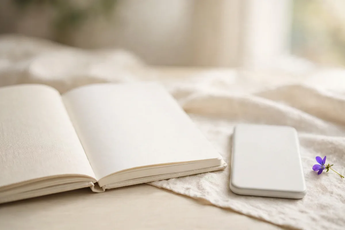 A notebook and phone on a desk
