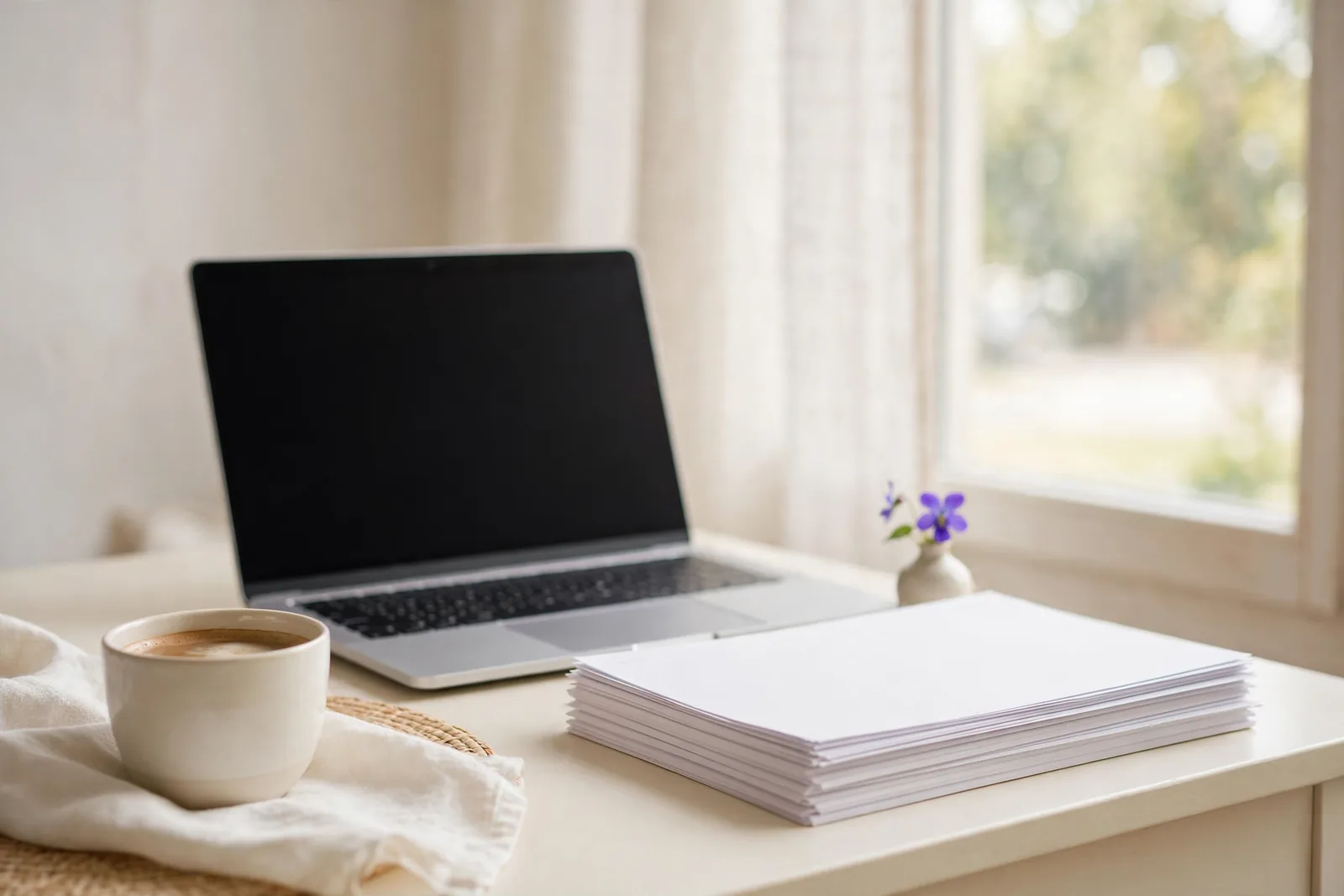 A tidy desk with a laptop and printed lists in daylight