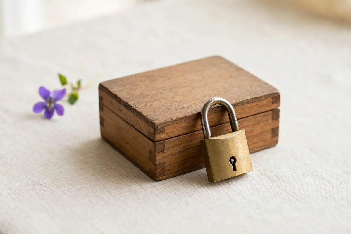 A small padlock on a wooden box
