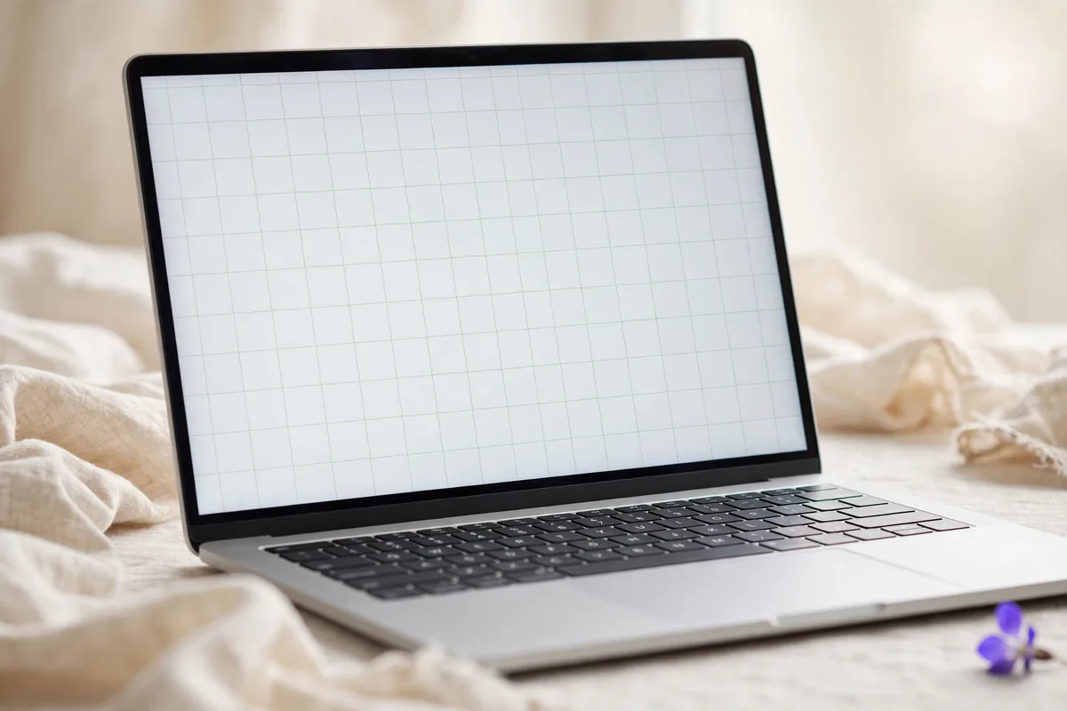 A laptop showing an empty grid